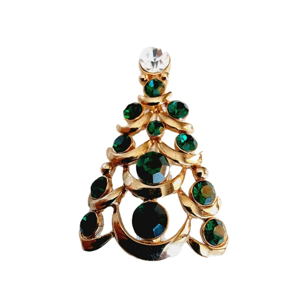 EISENBERG ICE Brooch Christmas Tree Pin Gold Tone Emerald Green Rhinestones 2"